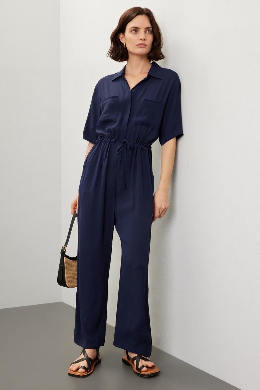 THAKOON COLLECTIVE Navy Short Sleeve Collared Front Button Jumpsuit Size 6
